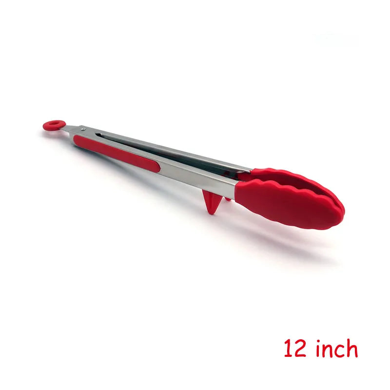 Heat Resistant Stainless Steel Cooking Tongs with Silicone Tips – Self-Standing Kitchen & BBQ Tongs – Perfect for Salads, Grilling & Serving – Available in Black & Red, 8 or 12 Inch