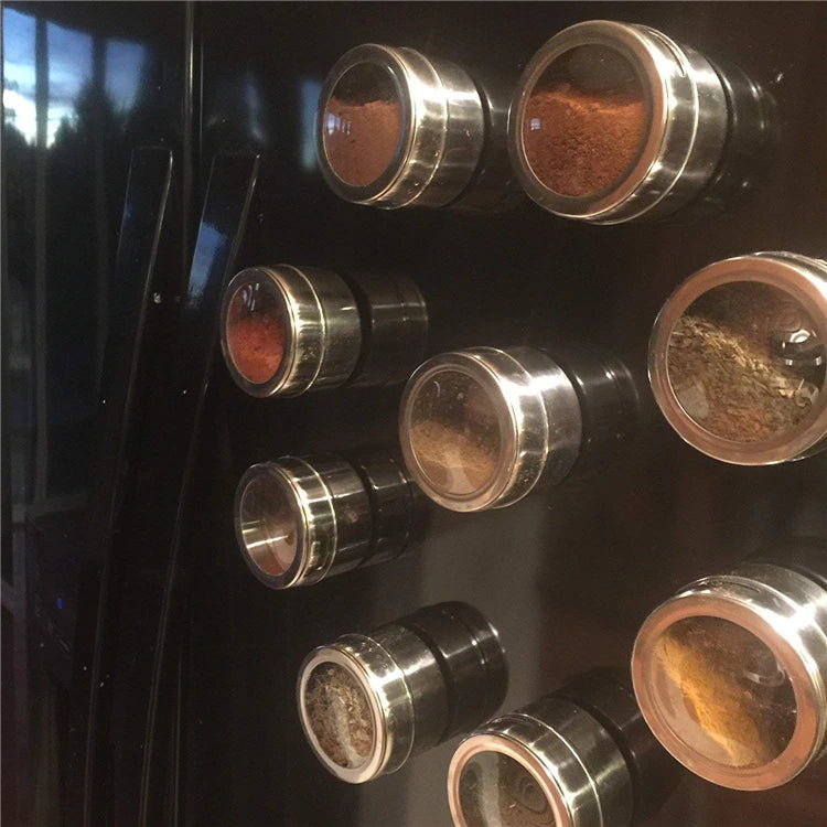 Magnetic Stainless Steel Spice Jar Set with Stickers – Spice Tins & Seasoning Containers – Perfect for Fridge & Metal Boards – Available in 9, 12 & 16 Pieces