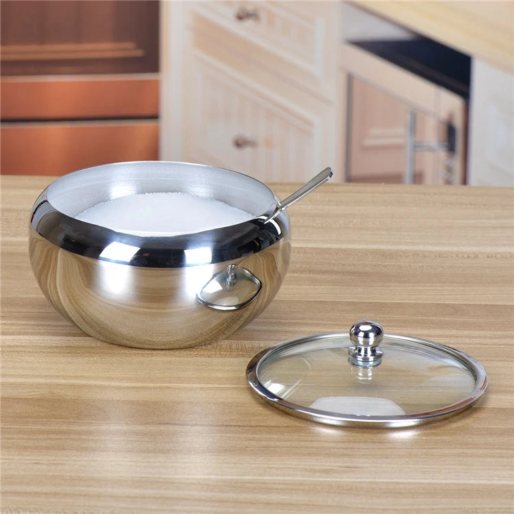 300ml Stainless Steel Sugar Bowl with Glass Lid & Spoon – Seasoning & Spice Bowl Container – Perfect for Tea, Coffee & the Dining Table
