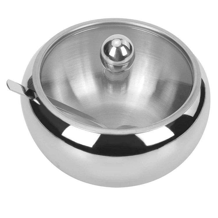 300ml Stainless Steel Sugar Bowl with Glass Lid & Spoon – Seasoning & Spice Bowl Container – Perfect for Tea, Coffee & the Dining Table