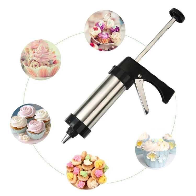 Stainless Steel Cookie Press Kit with 13 Discs & 8 Piping Nozzles – Biscuit Maker Gun & Cake Decorating Set – Great for Spritz Cookies & Icing