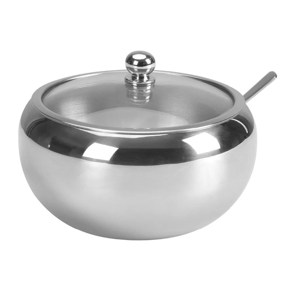 300ml Stainless Steel Sugar Bowl with Glass Lid & Spoon – Seasoning & Spice Bowl Container – Perfect for Tea, Coffee & the Dining Table