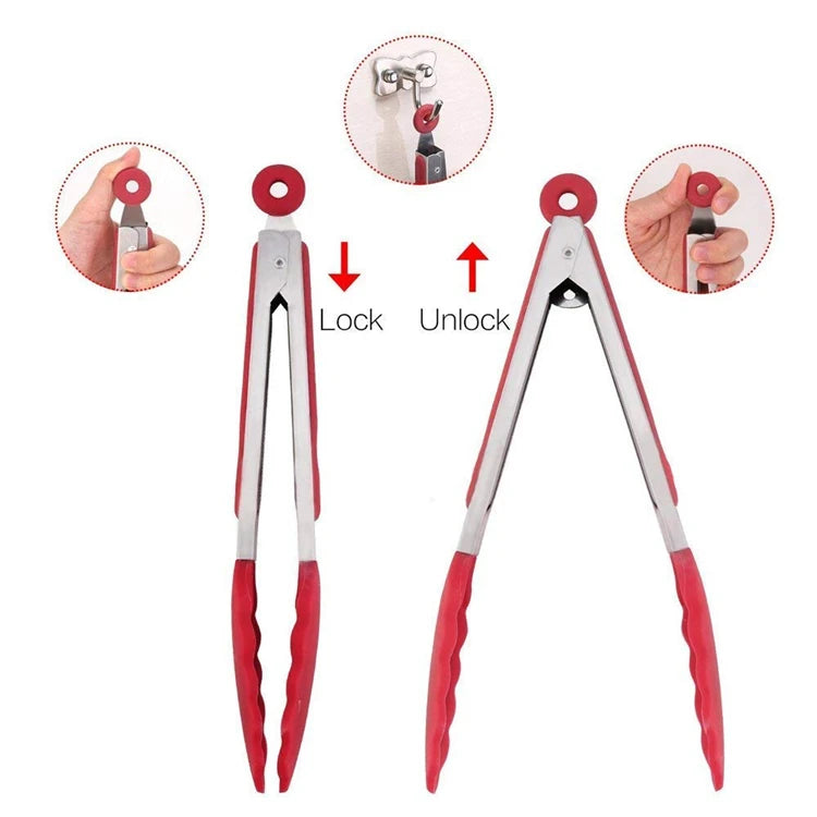 Locking Silicone Kitchen Tongs with Stainless Steel Handles – Non-Stick BBQ & Cooking Tongs – Best for Grilling, Frying & Serving – Available in Black & Red, 9 or 12 Inch