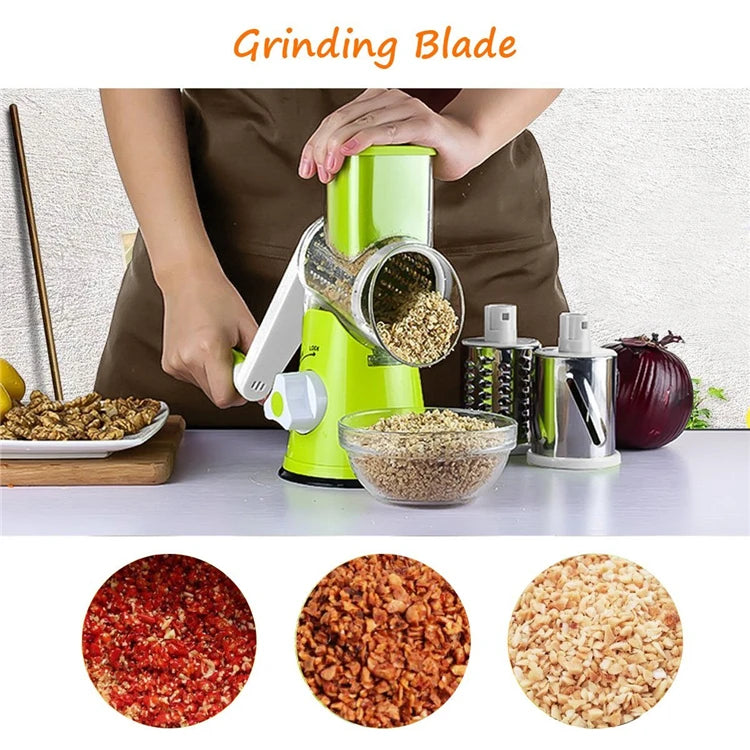Manual Rotary Vegetable Slicer & Cheese Grater with 3 Stainless Steel Drums – Hand Crank Vegetable Chopper – Perfect for Potatoes, Carrots & Cucumbers – Available in Green & Blue Colours