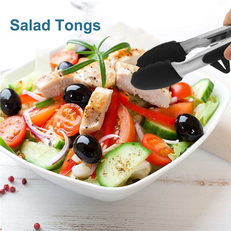 Heat Resistant Stainless Steel Cooking Tongs with Silicone Tips – Self-Standing Kitchen & BBQ Tongs – Perfect for Salads, Grilling & Serving – Available in Black & Red, 8 or 12 Inch