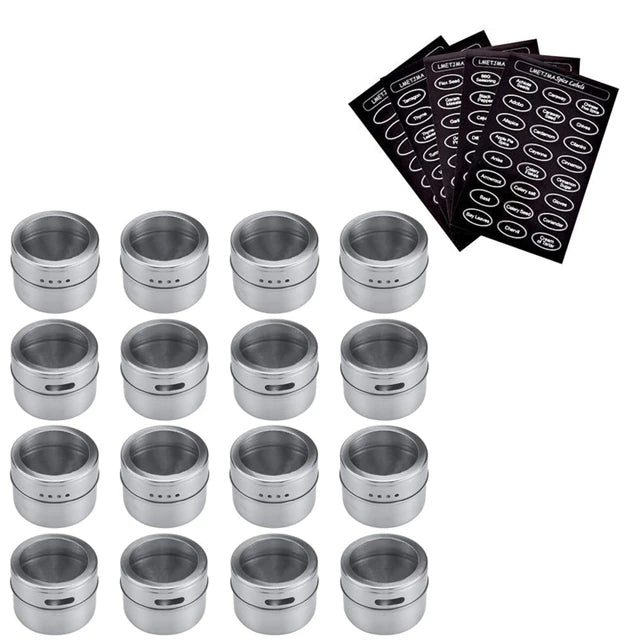Magnetic Stainless Steel Spice Jar Set with Stickers – Spice Tins & Seasoning Containers – Perfect for Fridge & Metal Boards – Available in 9, 12 & 16 Pieces