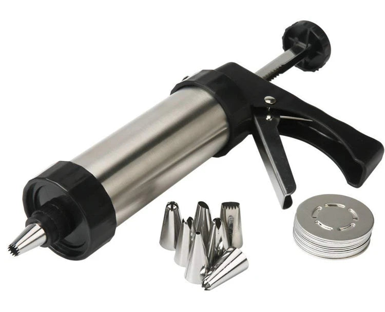 Stainless Steel Cookie Press Kit with 13 Discs & 8 Piping Nozzles – Biscuit Maker Gun & Cake Decorating Set – Great for Spritz Cookies & Icing