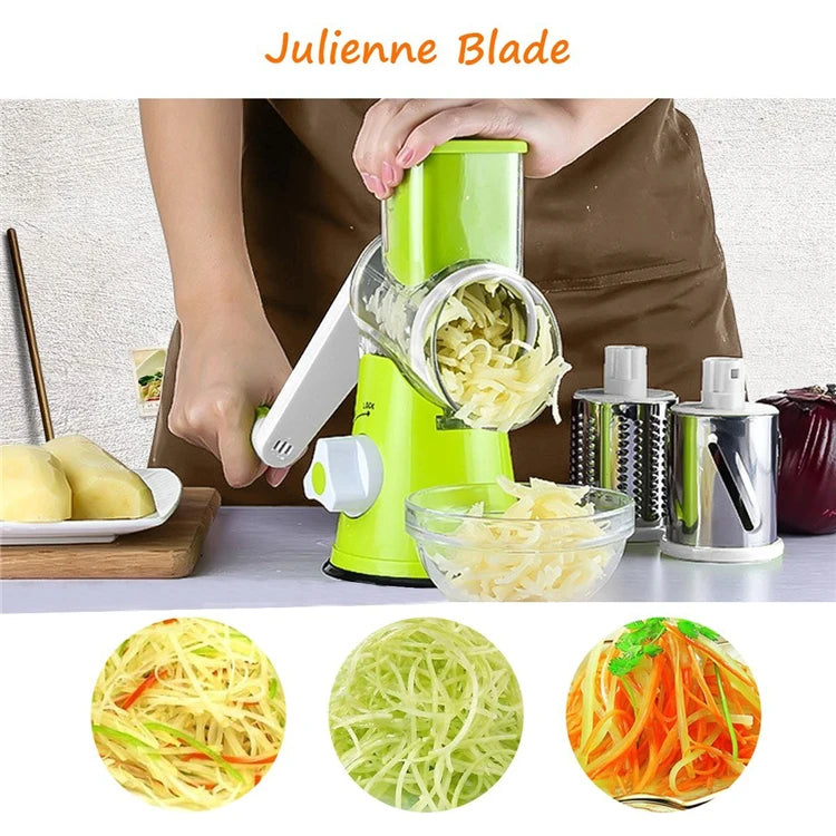 Manual Rotary Vegetable Slicer & Cheese Grater with 3 Stainless Steel Drums – Hand Crank Vegetable Chopper – Perfect for Potatoes, Carrots & Cucumbers – Available in Green & Blue Colours