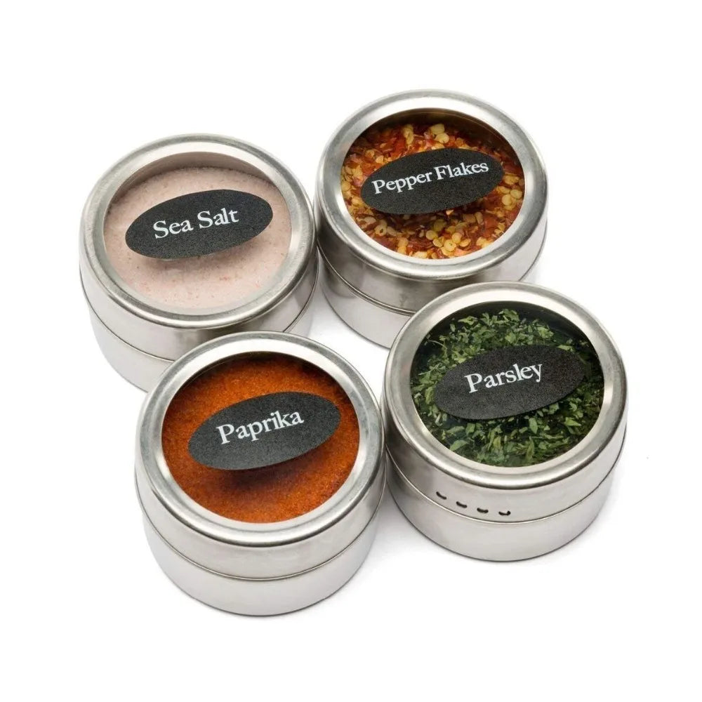 Magnetic Stainless Steel Spice Jars with Labels & Chalk Pen – Seasoning Tins & Spice Storage – Best for Fridge & Metal Boards – Available in 8 to 24 Pieces