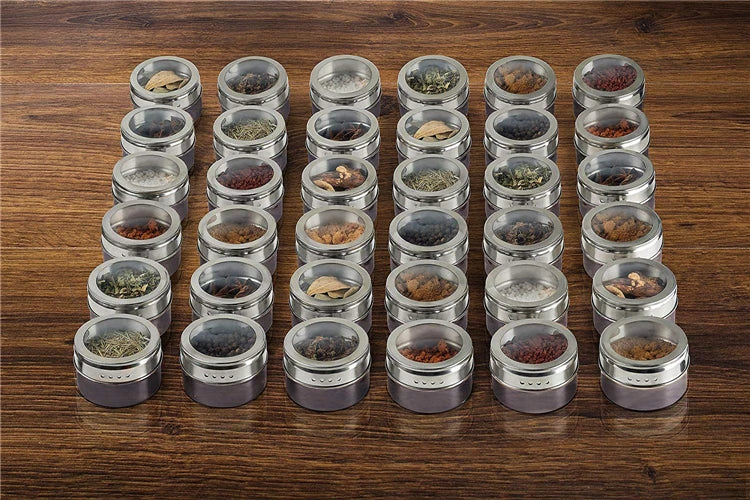 Magnetic Stainless Steel Spice Jar Set with Stickers – Spice Tins & Seasoning Containers – Perfect for Fridge & Metal Boards – Available in 9, 12 & 16 Pieces