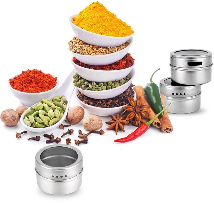 Magnetic Stainless Steel Spice Jar Set with Stickers – Spice Tins & Seasoning Containers – Perfect for Fridge & Metal Boards – Available in 9, 12 & 16 Pieces
