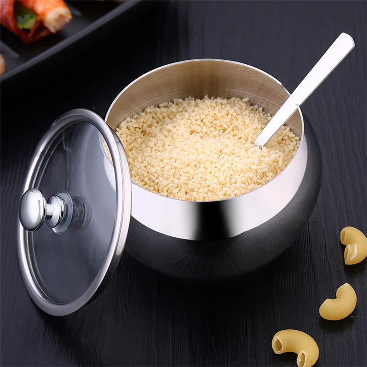 300ml Stainless Steel Sugar Bowl with Glass Lid & Spoon – Seasoning & Spice Bowl Container – Perfect for Tea, Coffee & the Dining Table