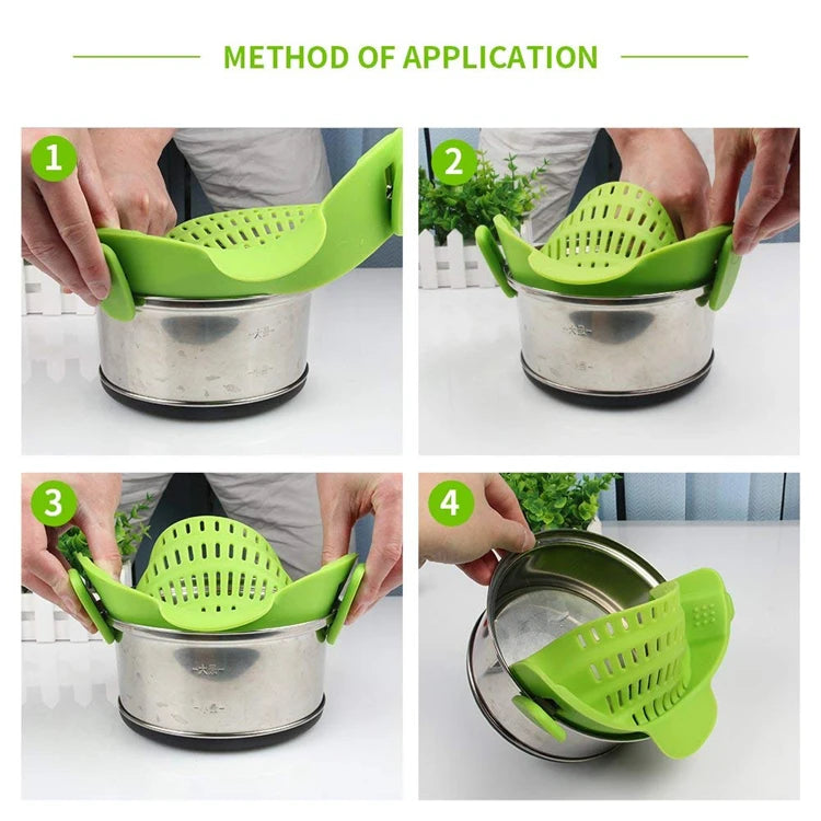 Universal Silicone Clip-On Pot Strainer – Anti-Spill Pasta Strainer for Pots & Pans – Great for Draining Pasta, Rice & Vegetables – Available in Black, Red & Green Colours