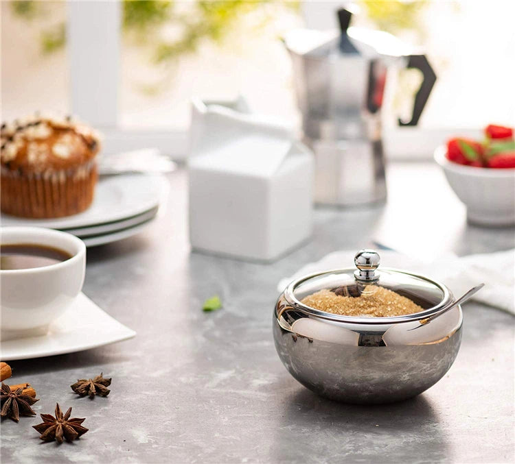 300ml Stainless Steel Sugar Bowl with Glass Lid & Spoon – Seasoning & Spice Bowl Container – Perfect for Tea, Coffee & the Dining Table