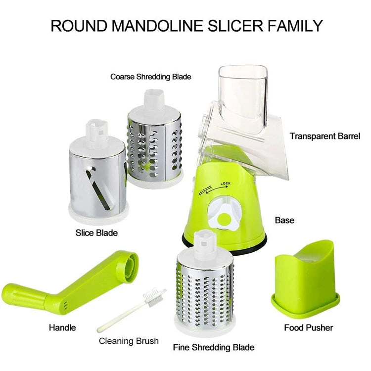 Manual Rotary Vegetable Slicer & Cheese Grater with 3 Stainless Steel Drums – Hand Crank Vegetable Chopper – Perfect for Potatoes, Carrots & Cucumbers – Available in Green & Blue Colours