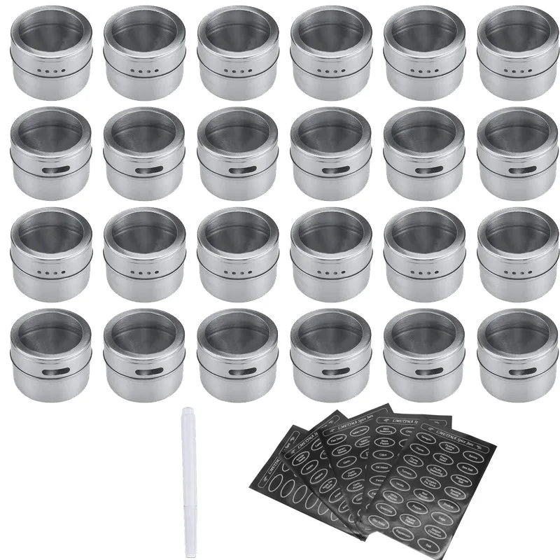 Magnetic Stainless Steel Spice Jars with Labels & Chalk Pen – Seasoning Tins & Spice Storage – Best for Fridge & Metal Boards – Available in 8 to 24 Pieces 24 Pieces