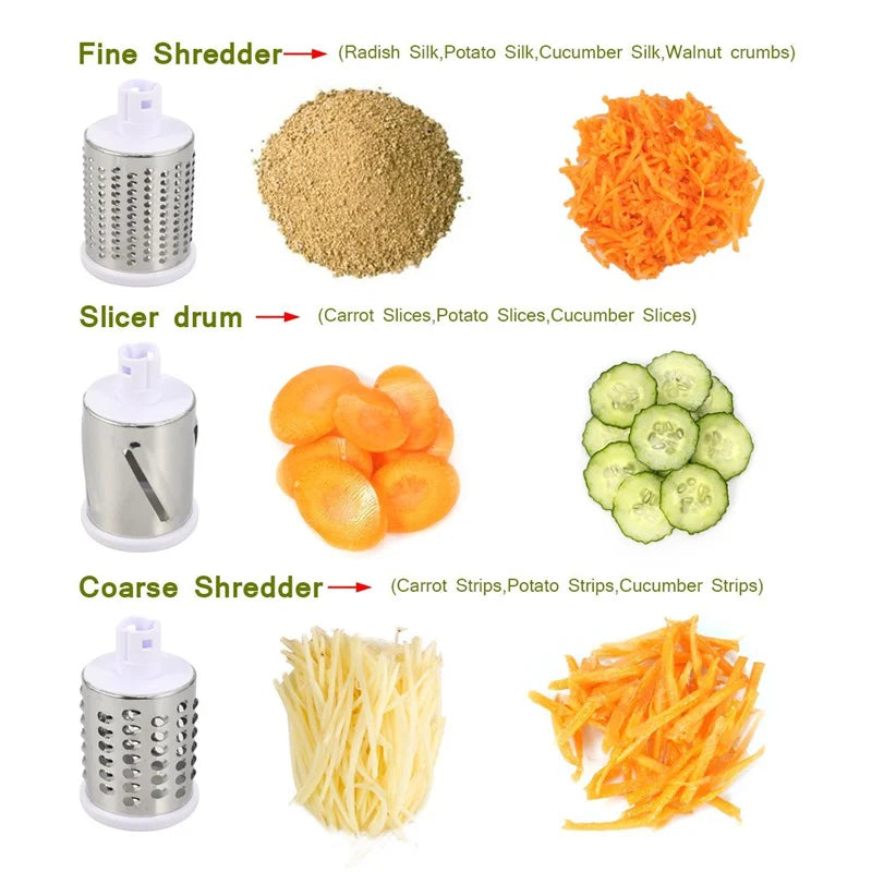 Manual Rotary Vegetable Slicer & Cheese Grater with 3 Stainless Steel Drums – Hand Crank Vegetable Chopper – Perfect for Potatoes, Carrots & Cucumbers – Available in Green & Blue Colours