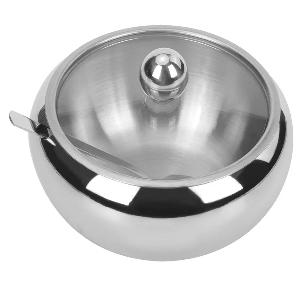 300ml Stainless Steel Sugar Bowl with Glass Lid & Spoon – Seasoning & Spice Bowl Container – Perfect for Tea, Coffee & the Dining Table