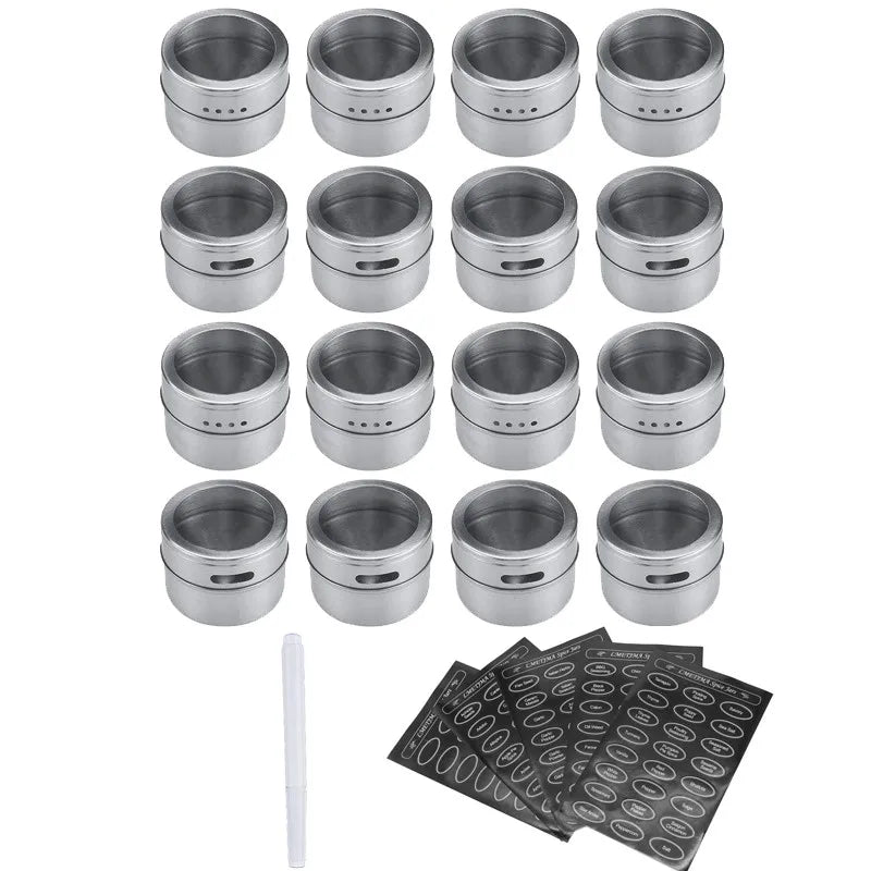 Magnetic Stainless Steel Spice Jars with Labels & Chalk Pen – Seasoning Tins & Spice Storage – Best for Fridge & Metal Boards – Available in 8 to 24 Pieces 16 Pieces
