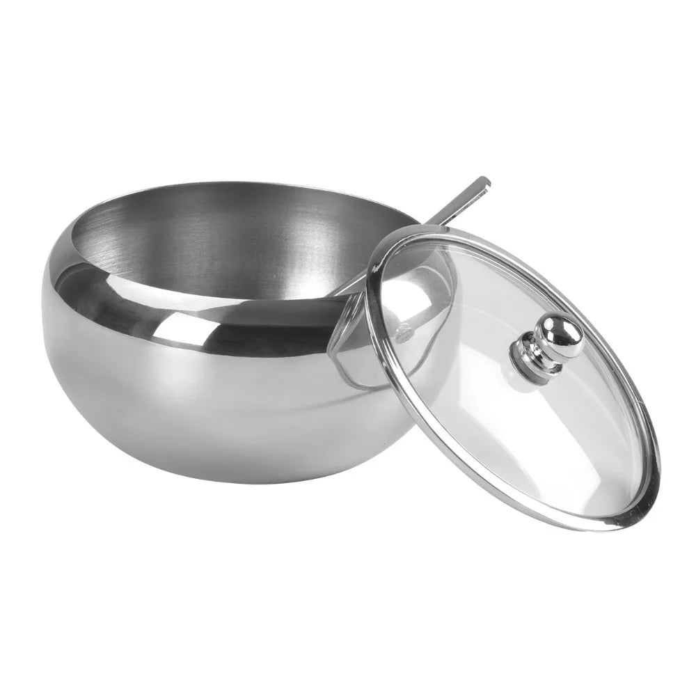 300ml Stainless Steel Sugar Bowl with Glass Lid & Spoon – Seasoning & Spice Bowl Container – Perfect for Tea, Coffee & the Dining Table