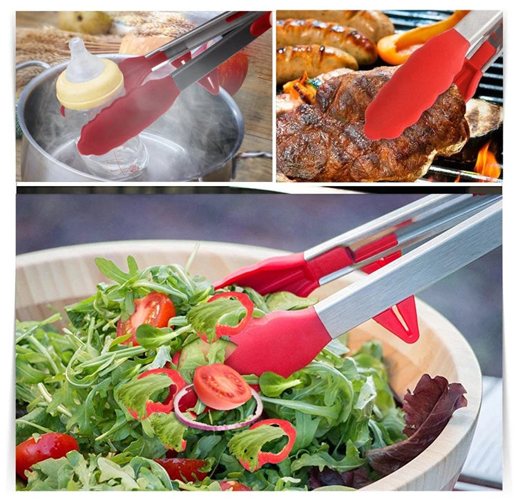 Heat Resistant Stainless Steel Cooking Tongs with Silicone Tips – Self-Standing Kitchen & BBQ Tongs – Perfect for Salads, Grilling & Serving – Available in Black & Red, 8 or 12 Inch
