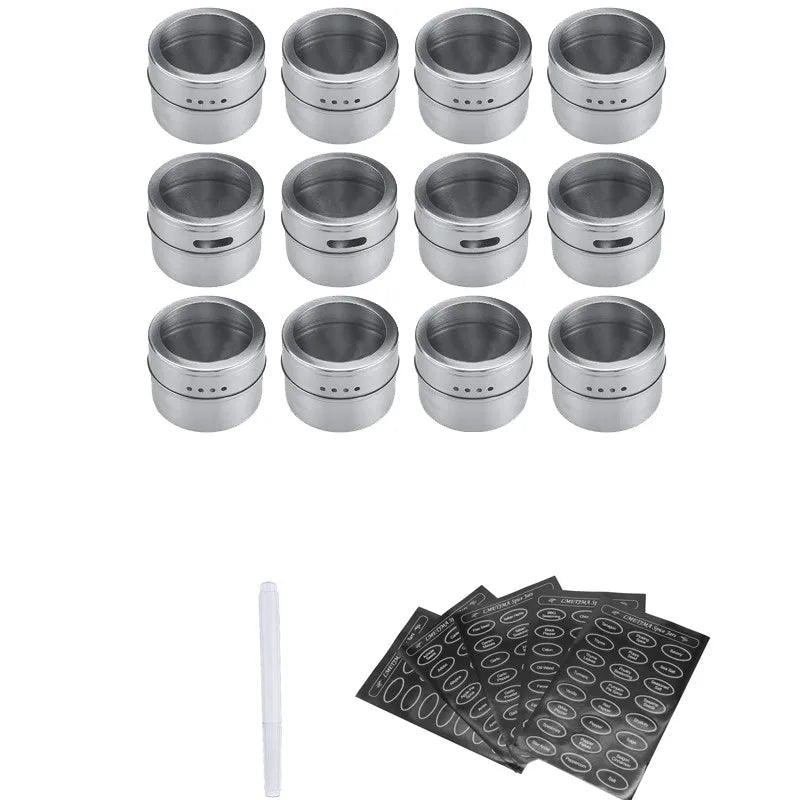 Magnetic Stainless Steel Spice Jars with Labels & Chalk Pen – Seasoning Tins & Spice Storage – Best for Fridge & Metal Boards – Available in 8 to 24 Pieces 12 Pieces
