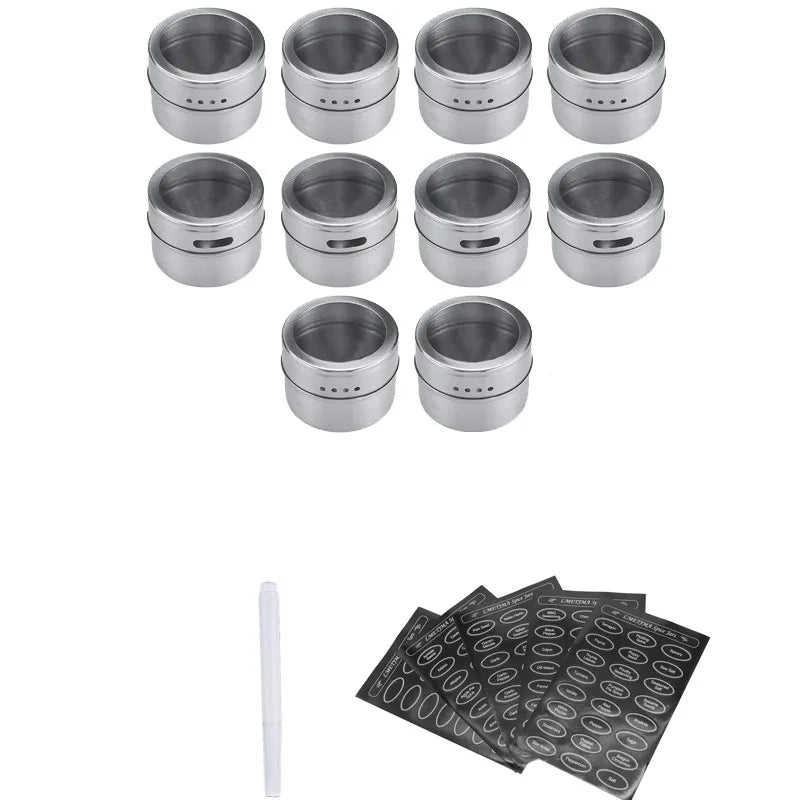 Magnetic Stainless Steel Spice Jars with Labels & Chalk Pen – Seasoning Tins & Spice Storage – Best for Fridge & Metal Boards – Available in 8 to 24 Pieces 10 Pieces