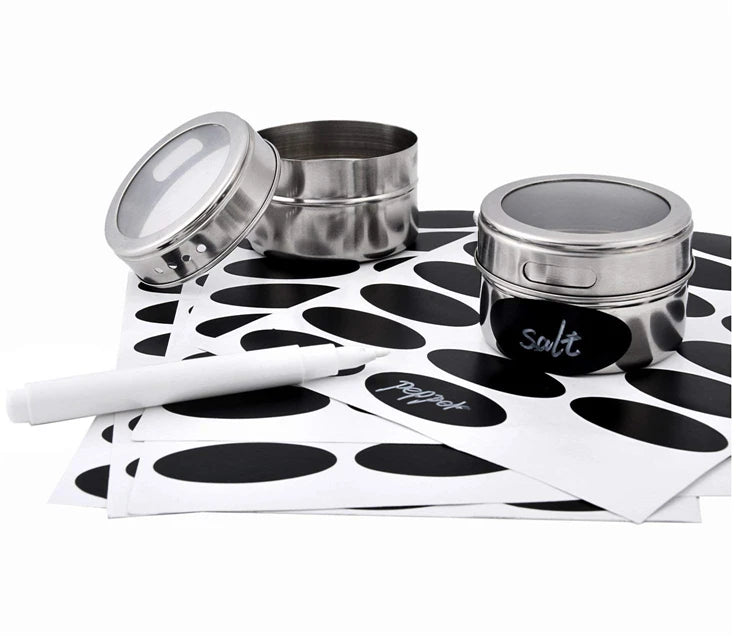 Magnetic Stainless Steel Spice Jars with Labels & Chalk Pen – Seasoning Tins & Spice Storage – Best for Fridge & Metal Boards – Available in 8 to 24 Pieces