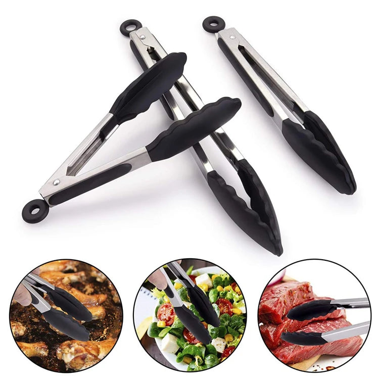 Locking Silicone Kitchen Tongs with Stainless Steel Handles – Non-Stick BBQ & Cooking Tongs – Best for Grilling, Frying & Serving – Available in Black & Red, 9 or 12 Inch