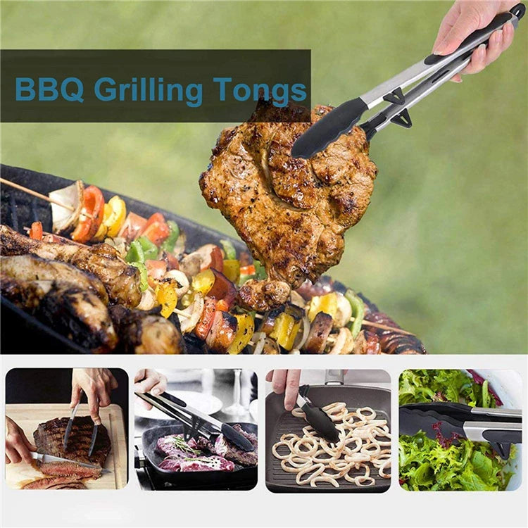 Heat Resistant Stainless Steel Cooking Tongs with Silicone Tips – Self-Standing Kitchen & BBQ Tongs – Perfect for Salads, Grilling & Serving – Available in Black & Red, 8 or 12 Inch