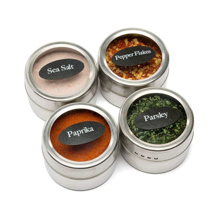 Magnetic Stainless Steel Spice Jars with Labels & Chalk Pen – Seasoning Tins & Spice Storage – Best for Fridge & Metal Boards – Available in 8 to 24 Pieces