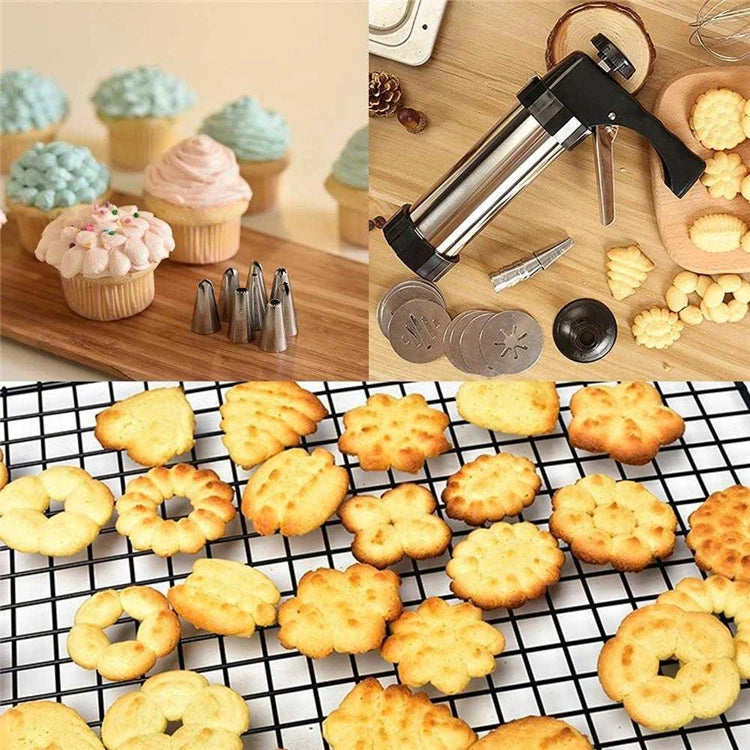Stainless Steel Cookie Press Kit with 13 Discs & 8 Piping Nozzles – Biscuit Maker Gun & Cake Decorating Set – Great for Spritz Cookies & Icing