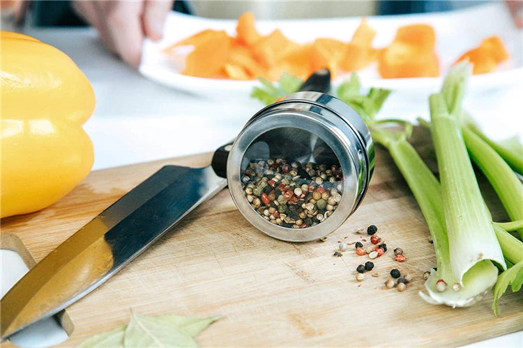 Magnetic Stainless Steel Spice Jar Set with Stickers – Spice Tins & Seasoning Containers – Perfect for Fridge & Metal Boards – Available in 9, 12 & 16 Pieces