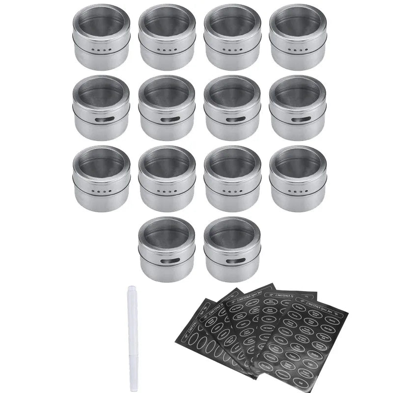 Magnetic Stainless Steel Spice Jars with Labels & Chalk Pen – Seasoning Tins & Spice Storage – Best for Fridge & Metal Boards – Available in 8 to 24 Pieces 14 Pieces