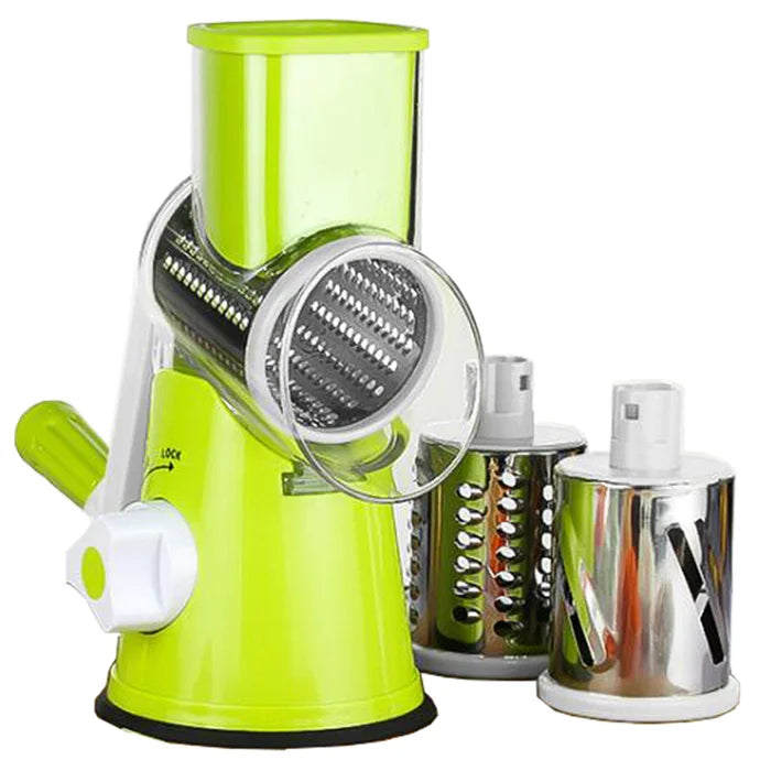 Manual Rotary Vegetable Slicer & Cheese Grater with 3 Stainless Steel Drums – Hand Crank Vegetable Chopper – Perfect for Potatoes, Carrots & Cucumbers – Available in Green & Blue Colours Green