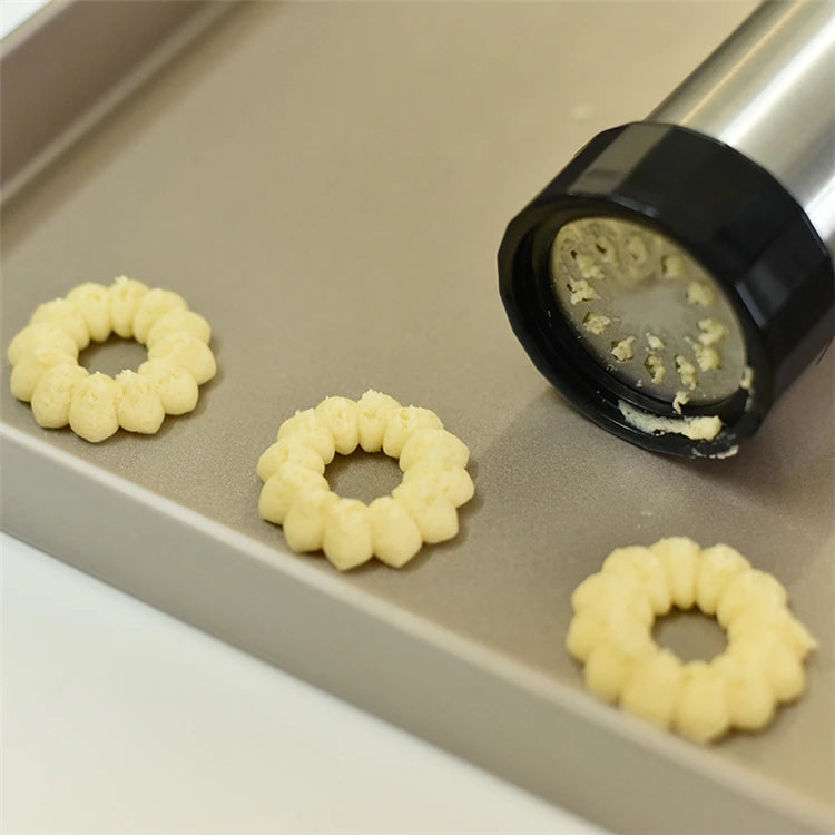Stainless Steel Cookie Press Kit with 13 Discs & 8 Piping Nozzles – Biscuit Maker Gun & Cake Decorating Set – Great for Spritz Cookies & Icing