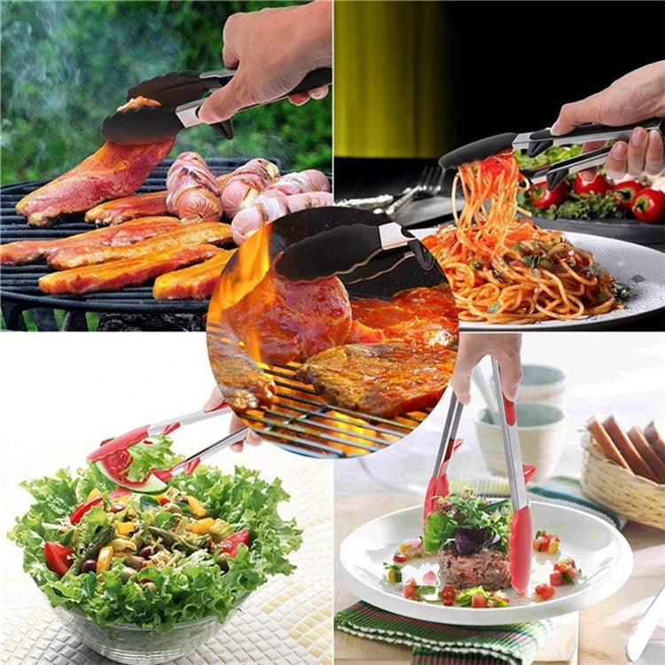 Heat Resistant Stainless Steel Cooking Tongs with Silicone Tips – Self-Standing Kitchen & BBQ Tongs – Perfect for Salads, Grilling & Serving – Available in Black & Red, 8 or 12 Inch