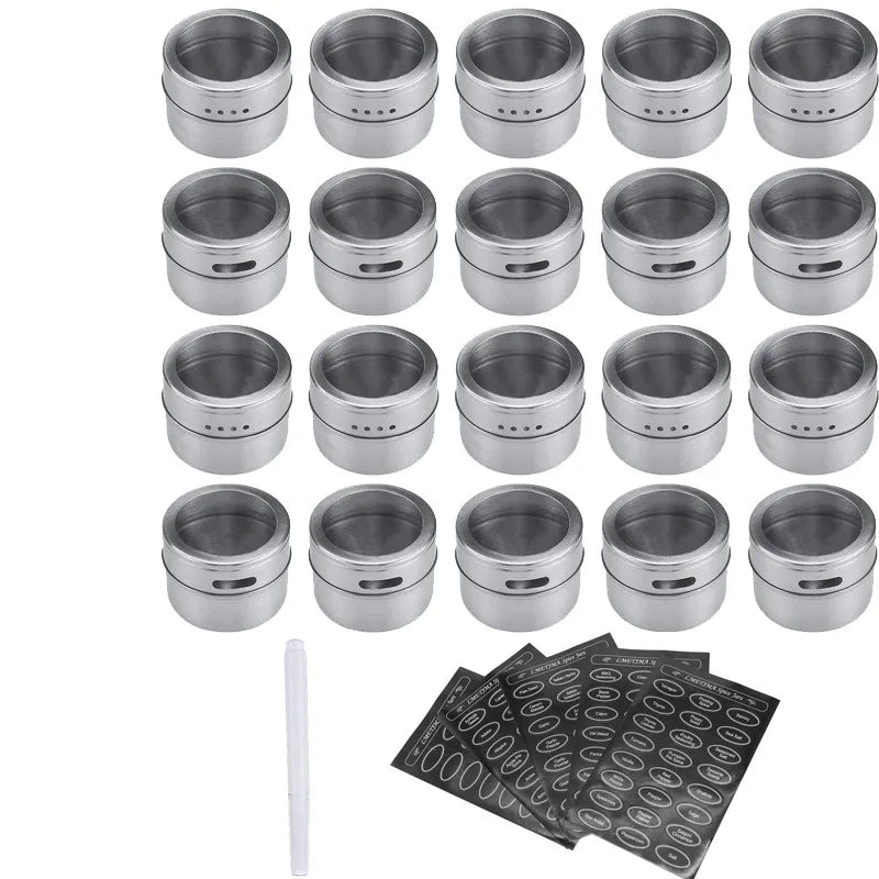 Magnetic Stainless Steel Spice Jars with Labels & Chalk Pen – Seasoning Tins & Spice Storage – Best for Fridge & Metal Boards – Available in 8 to 24 Pieces 20 Pieces