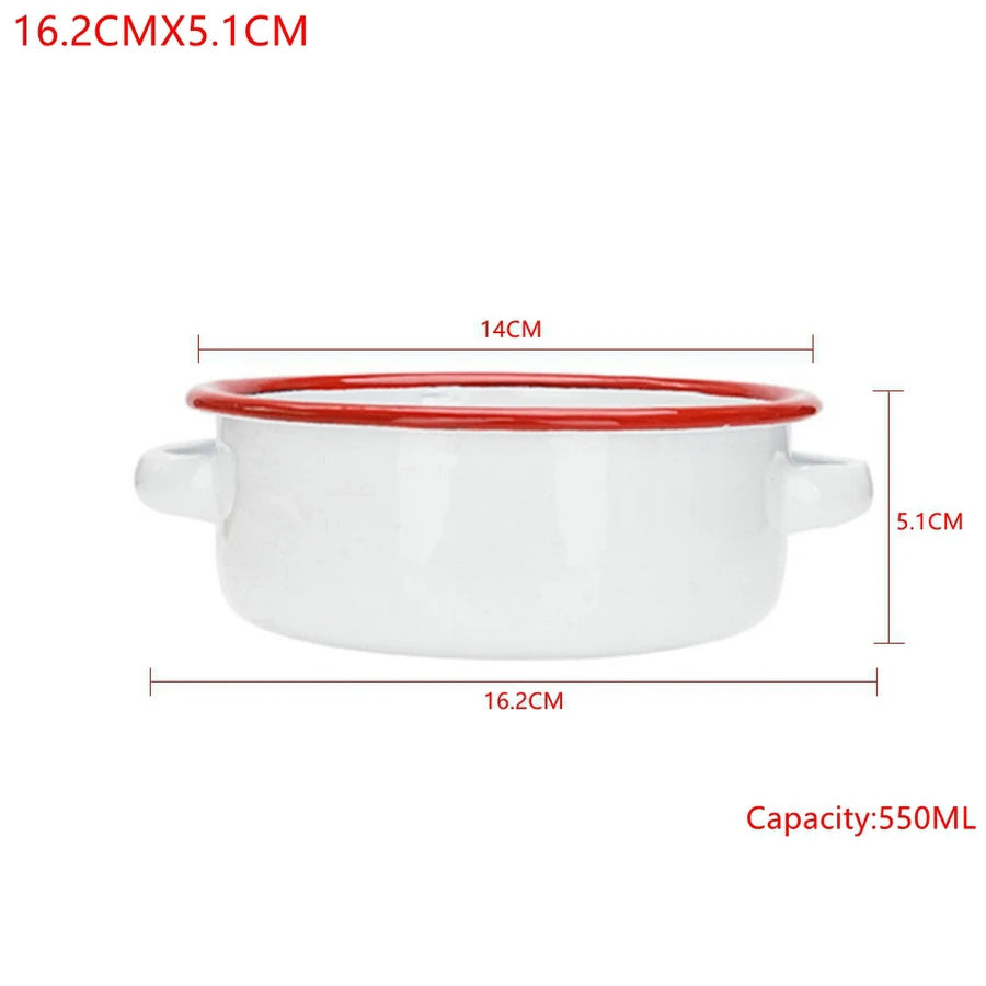 White & Red Enamel Baking Pan with Dual Side Handles – Deep Round Baking Dish for Baking, Roasting, and Serving, Oven & Induction Safe, 3 Sizes Available