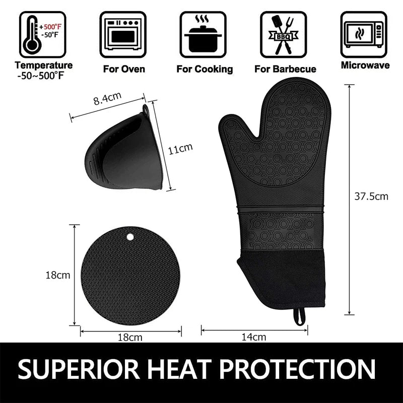 6 Piece Extra Long Silicone Oven Mitts & Pot Holders Set – Heat Resistant Cooking Gloves & Hot Pads – Perfect for Baking, Cooking & BBQ