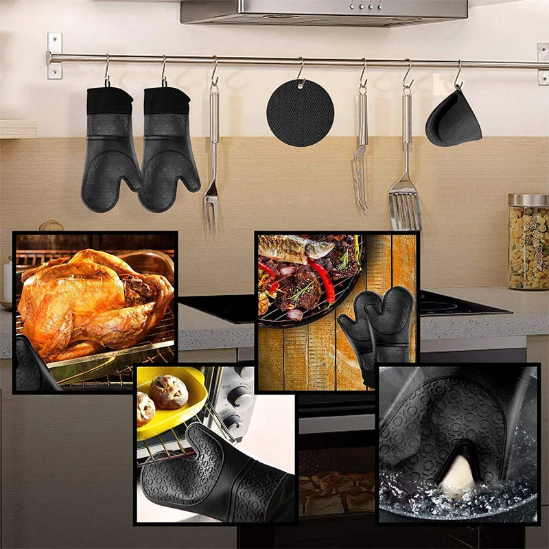 6 Piece Extra Long Silicone Oven Mitts & Pot Holders Set – Heat Resistant Cooking Gloves & Hot Pads – Perfect for Baking, Cooking & BBQ