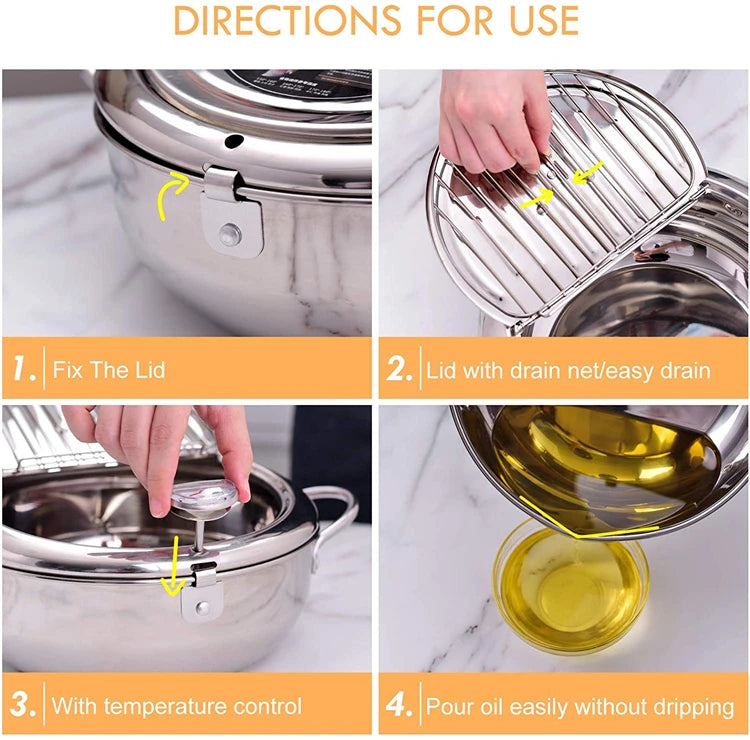 304 Stainless Steel Japanese Deep Frying Pot with Thermometer & Lid – Tempura Fryer Pan – Ideal for Tempura, Chips & Fried Chicken – Available in 20cm & 24cm