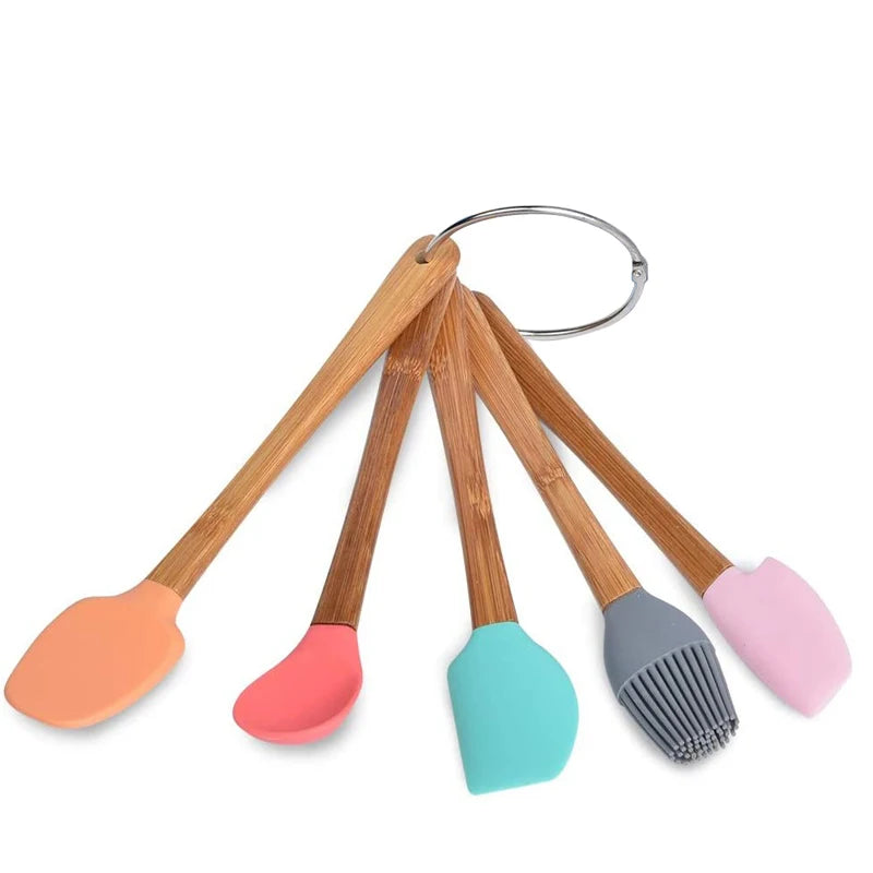 5 Piece Mini Silicone Spatula Set with Wooden Handles – Heat Resistant Non-Stick Scrapers – Best for Baking, Jars & Pastry