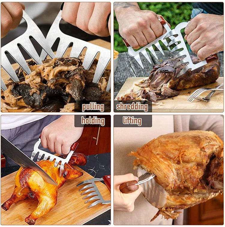 Stainless Steel BBQ Meat Shredder Claws with Wooden Handles – Pulled Meat Claws with Bottle Opener – Perfect for Shredding Chicken, Turkey & Beef – Available in 1 & 2 Pieces
