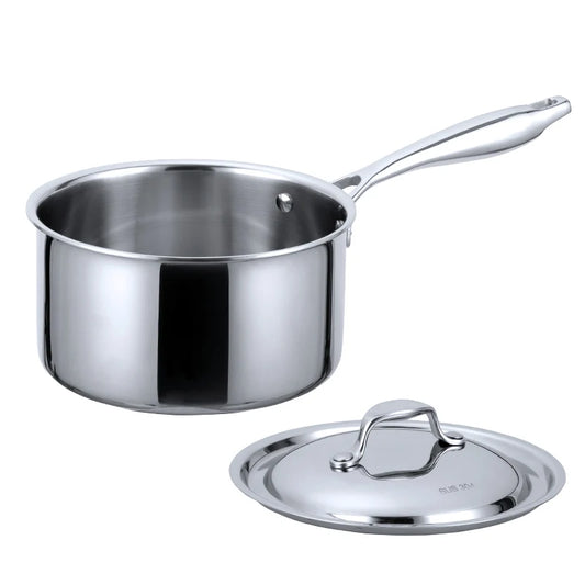 Stainless Steel Saucepan with Lid & Long Handle – 3-Layer Base Cooking Pot for Boiling Milk, Soups, Sauces & Daily Meals – Heat-Resistant Grip – Induction & Gas Stove Compatible – 2.4L (18cm Diameter) – Silver