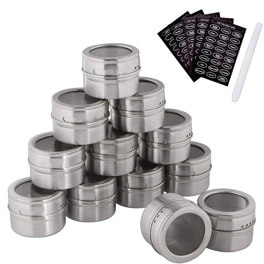 Magnetic Stainless Steel Spice Jars with Labels & Chalk Pen – Seasoning Tins & Spice Storage – Best for Fridge & Metal Boards – Available in 8 to 24 Pieces