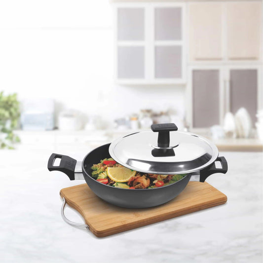 Hard Anodised Kadhai with Stainless Steel Lid - 22 cm