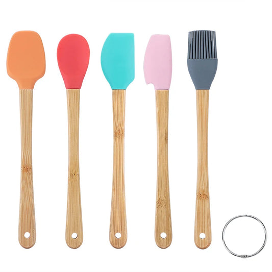 5 Piece Mini Silicone Spatula Set with Wooden Handles – Heat Resistant Non-Stick Scrapers – Best for Baking, Jars & Pastry