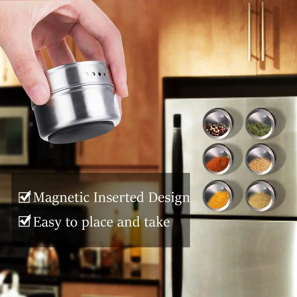 Magnetic Stainless Steel Spice Jar Set with Stickers – Spice Tins & Seasoning Containers – Perfect for Fridge & Metal Boards – Available in 9, 12 & 16 Pieces