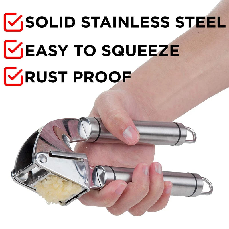 Stainless Steel Garlic Press with Silicone Garlic Peeler Roller – Rust Proof Garlic Mincer & Crusher Kit – Great for Crushing, Mincing & Peeling Garlic